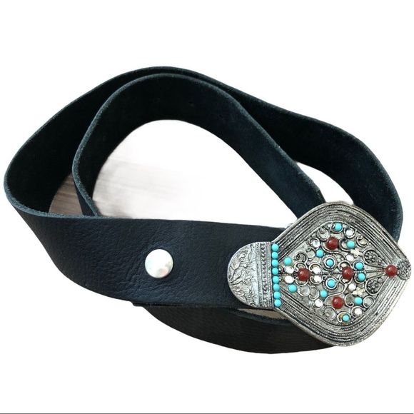 Vintage Accessories - Vintage Genuine Leather Silver Beaded Belt Size M